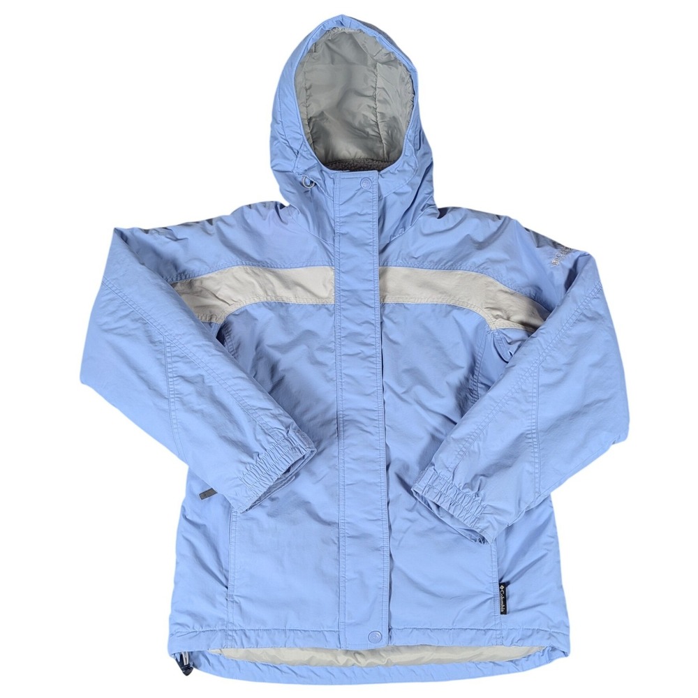 Columbia Womens Hooded Jacket Light Blue Fleece Lined Colorblock Outdoor Coat